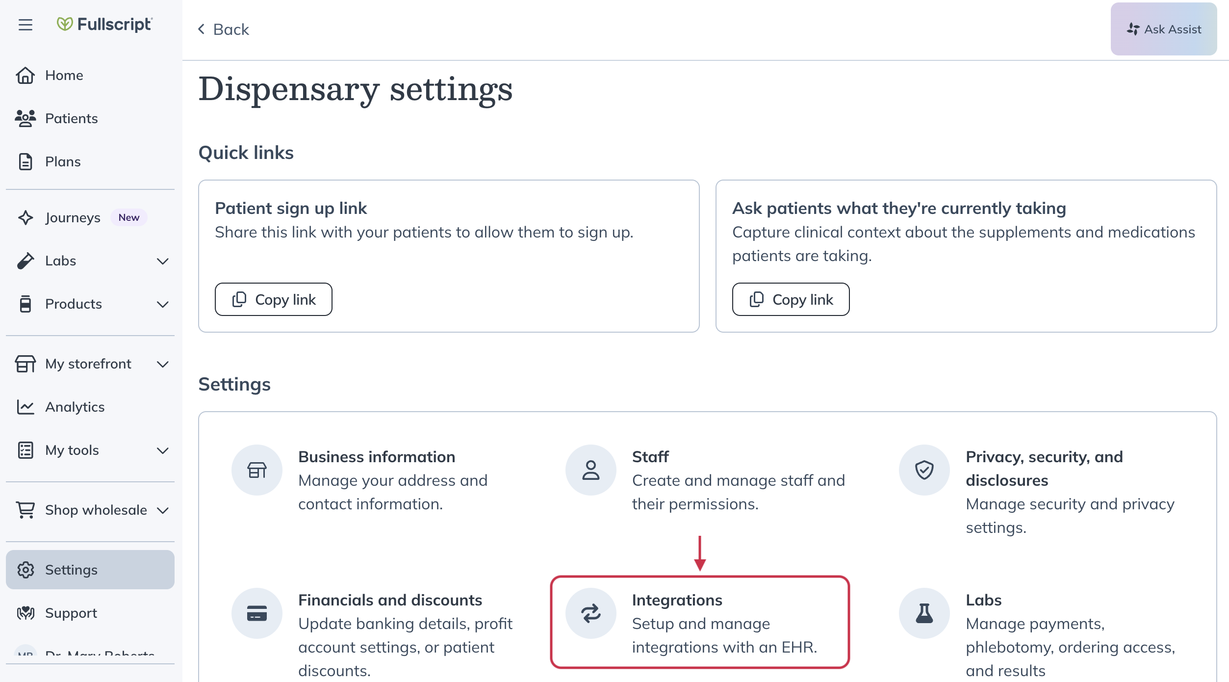 Fullscript account settings menu with the Integrations option highlighted in the left-hand navigation.